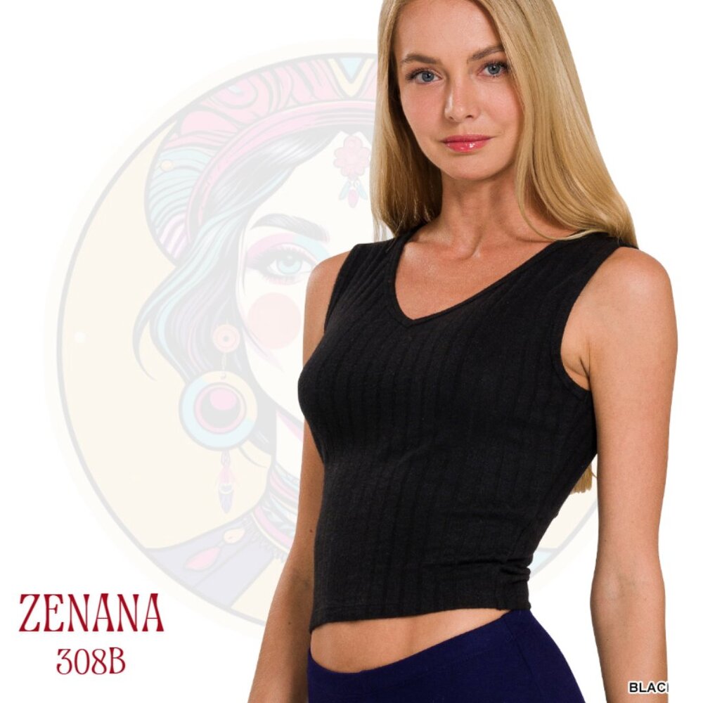 308B ZENANA Black Ribbed Cropped Tank Top